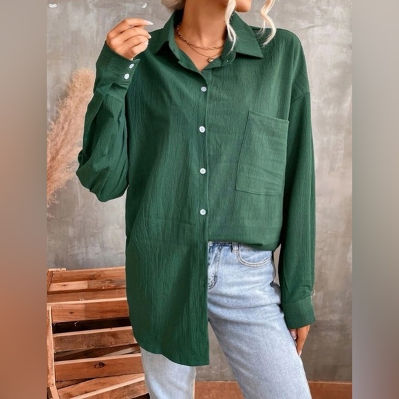 Women’s Spring & Autumn Casual Solid Forest Green Color Long Sleeve Shirt Sz L - Picture 3 of 7